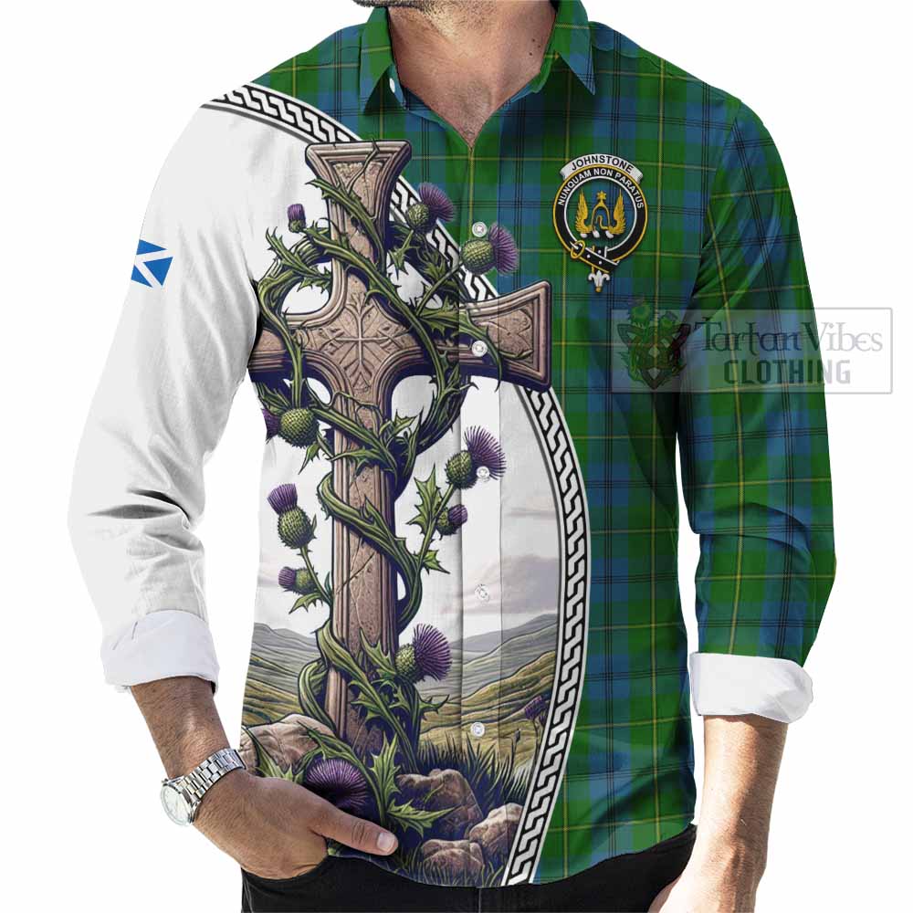 Tartan Vibes Clothing Johnstone (Johnston) Tartan Long Sleeve Button Shirt with Family Crest and St. Andrew's Cross Accented by Thistle Vines