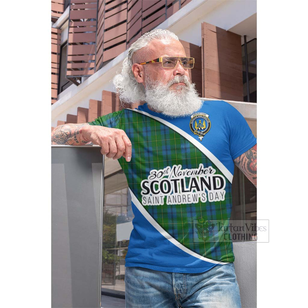 Tartan Vibes Clothing Johnstone (Johnston) Family Crest Tartan Cotton T-shirt Celebrate Saint Andrew's Day in Style