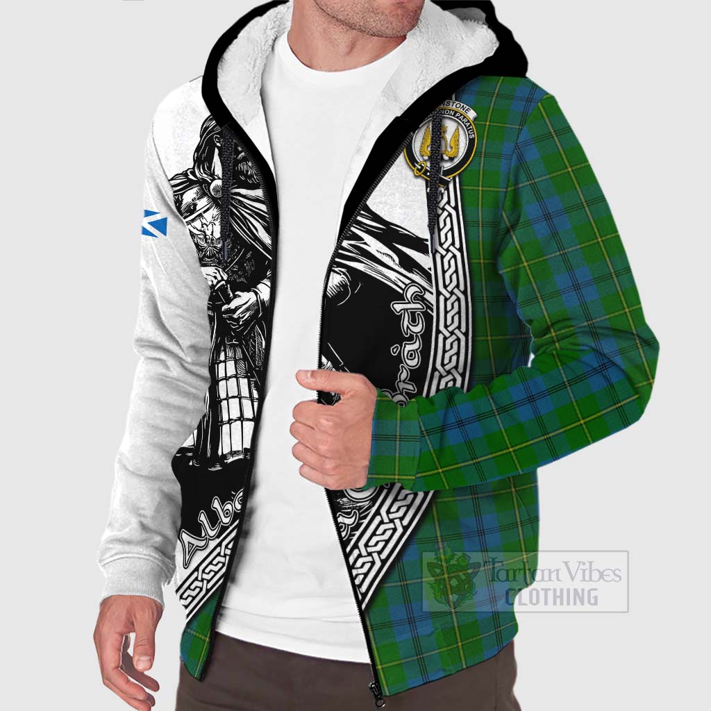 Tartan Vibes Clothing Johnstone (Johnston) Tartan Clan Crest Sherpa Hoodie with Highlander Warrior Celtic Style