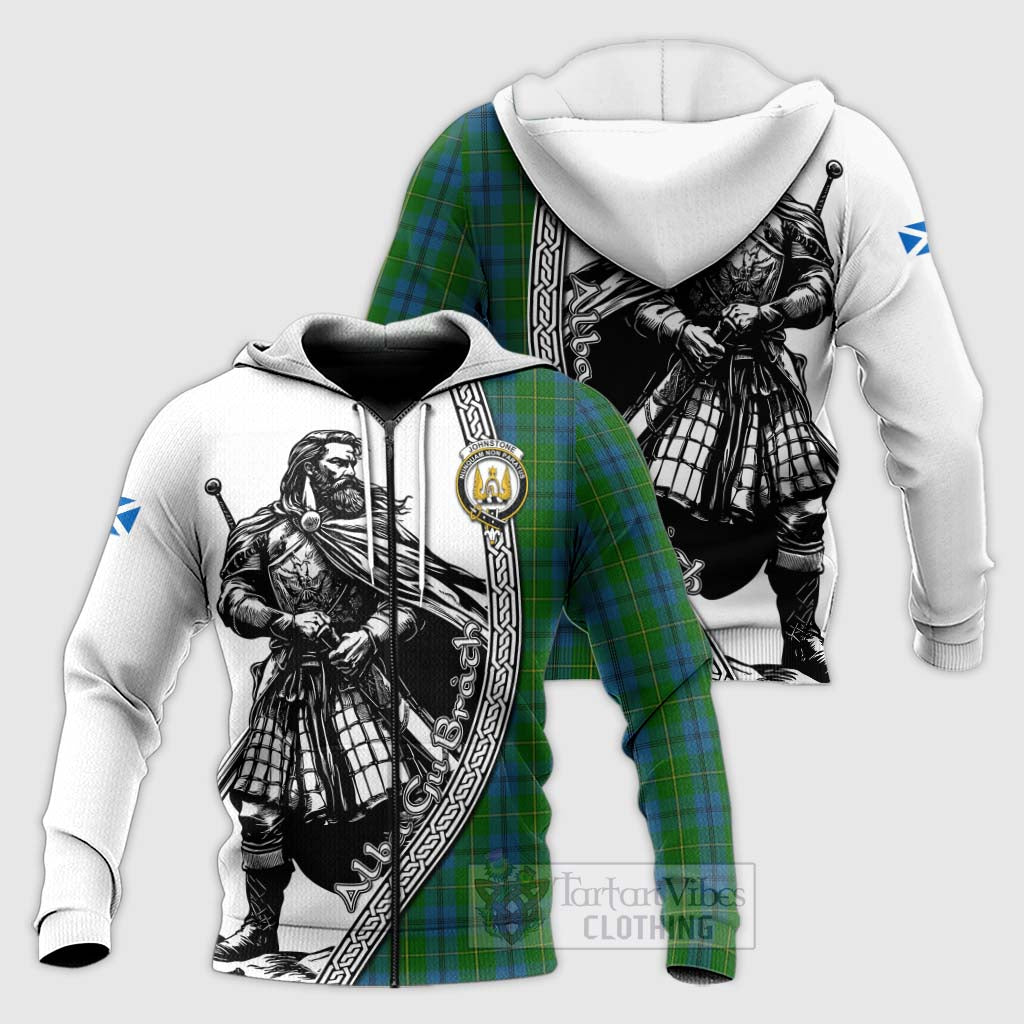 Tartan Vibes Clothing Johnstone (Johnston) Tartan Clan Crest Knitted Hoodie with Highlander Warrior Celtic Style