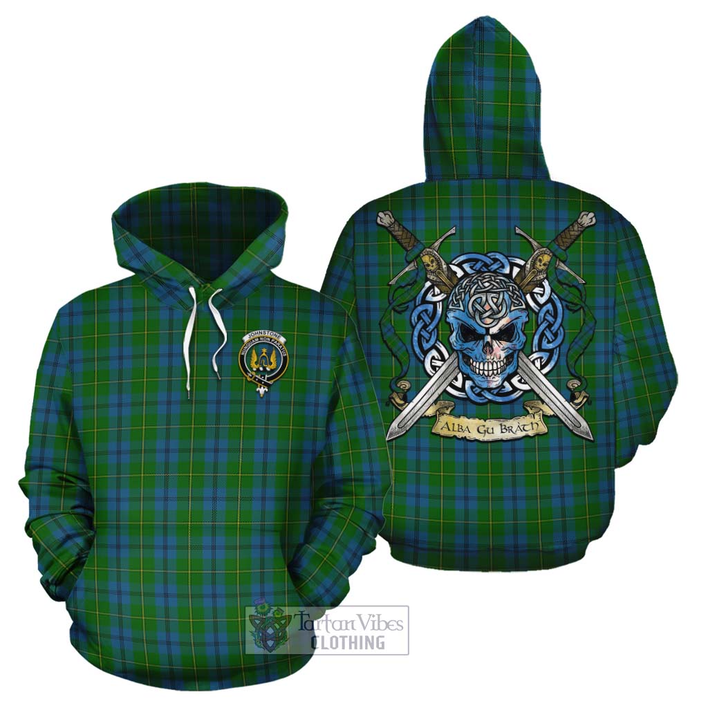 Tartan Vibes Clothing Johnstone (Johnston) Tartan Cotton Hoodie with Family Crest Celtic Skull Style