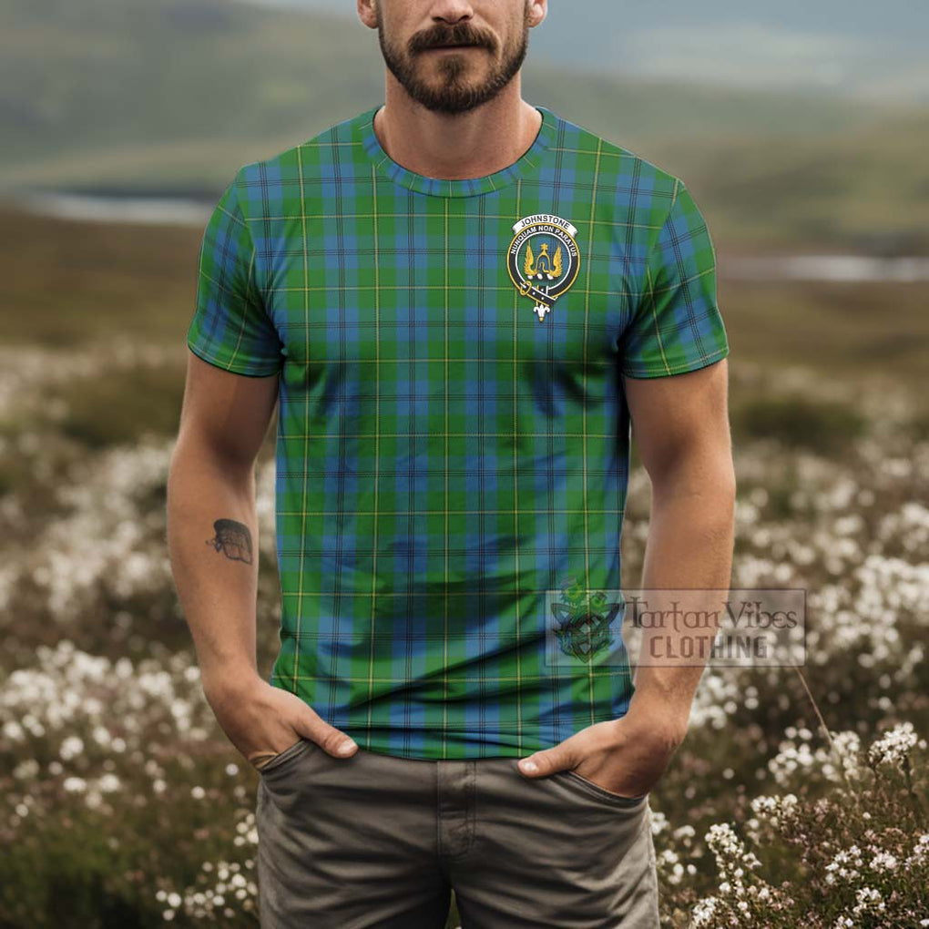 Tartan Vibes Clothing Johnstone (Johnston) Tartan T-Shirt with Family Crest and Bearded Skull Holding Bottles of Whiskey