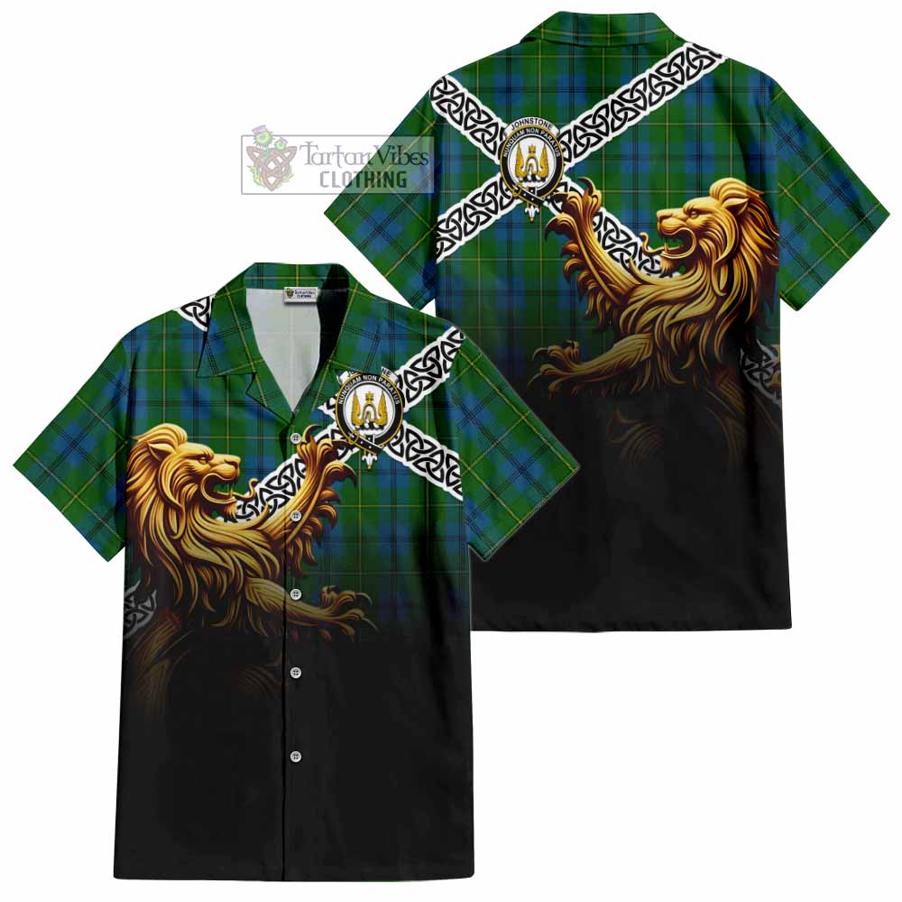 Johnstone (Johnston) Crest Tartan Hawaiian Shirt with Golden Lion Emblem Celtic Style - Tartan Vibes Clothing