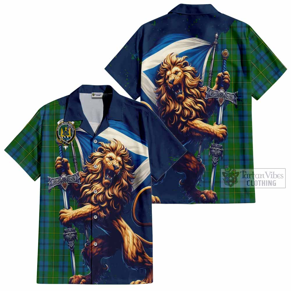 Tartan Vibes Clothing Johnstone (Johnston) Tartan Family Crest Short Sleeve Button Shirt with Scottish Majestic Lion