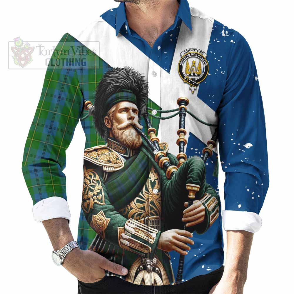 Tartan Vibes Clothing Johnstone (Johnston) Tartan Long Sleeve Button Shirt with Family Crest Scottish Bagpiper Vibes