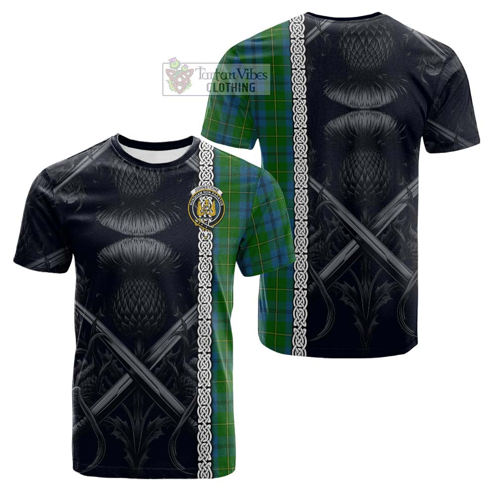 Johnstone (Johnston) Tartan Cotton T-shirt with Family Crest Cross Sword Thistle Celtic Vibes - Tartan Vibes Clothing