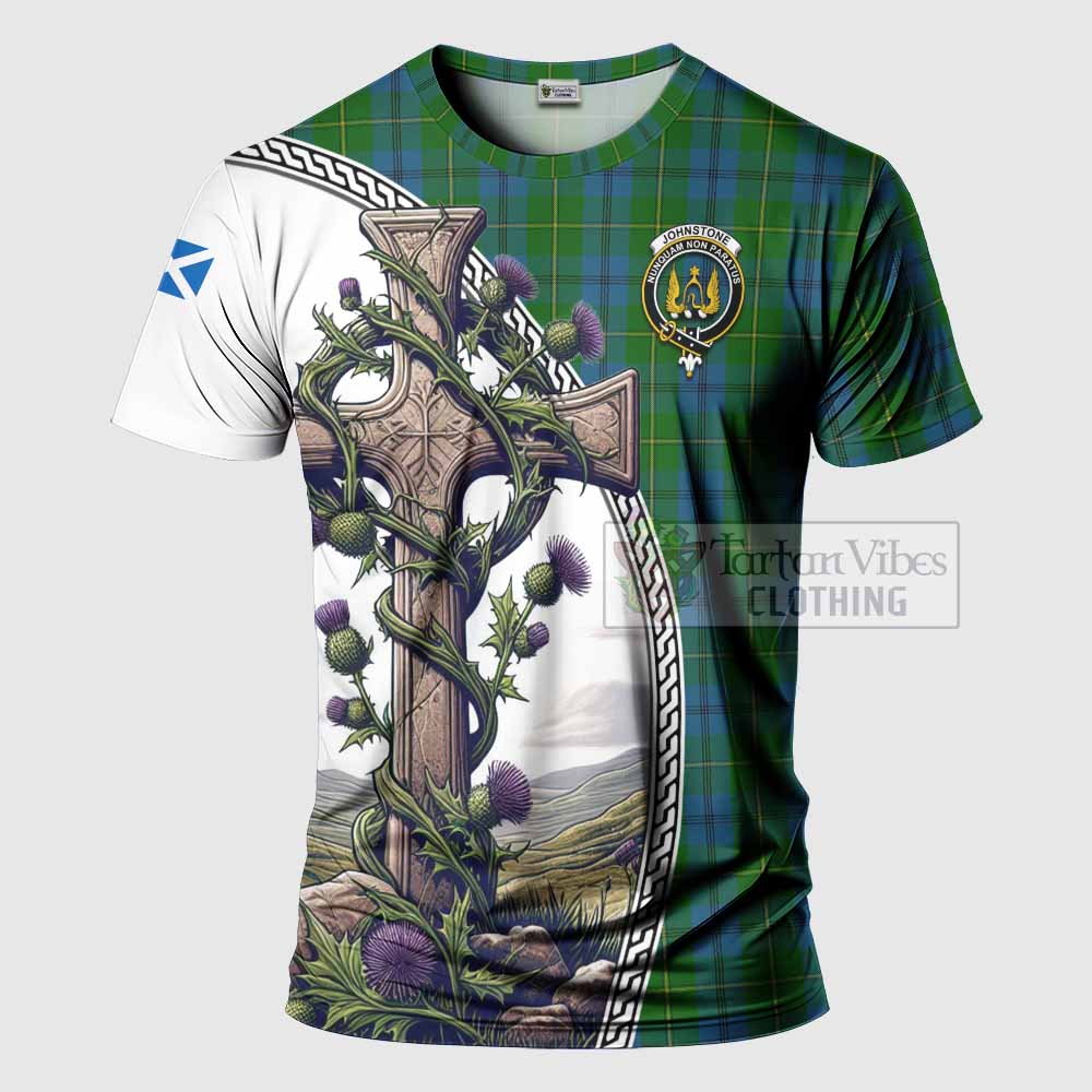 Tartan Vibes Clothing Johnstone (Johnston) Agnew Tartan T-Shirt with Family Crest and St. Andrew's Cross Accented by Thistle Vines