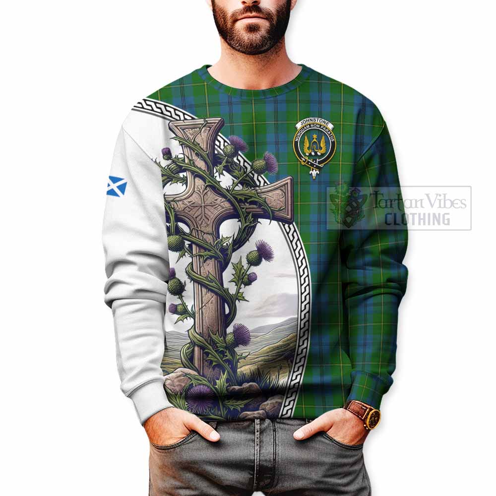 Tartan Vibes Clothing Johnstone (Johnston) Tartan Sweatshirt with Family Crest and St. Andrew's Cross Accented by Thistle Vines