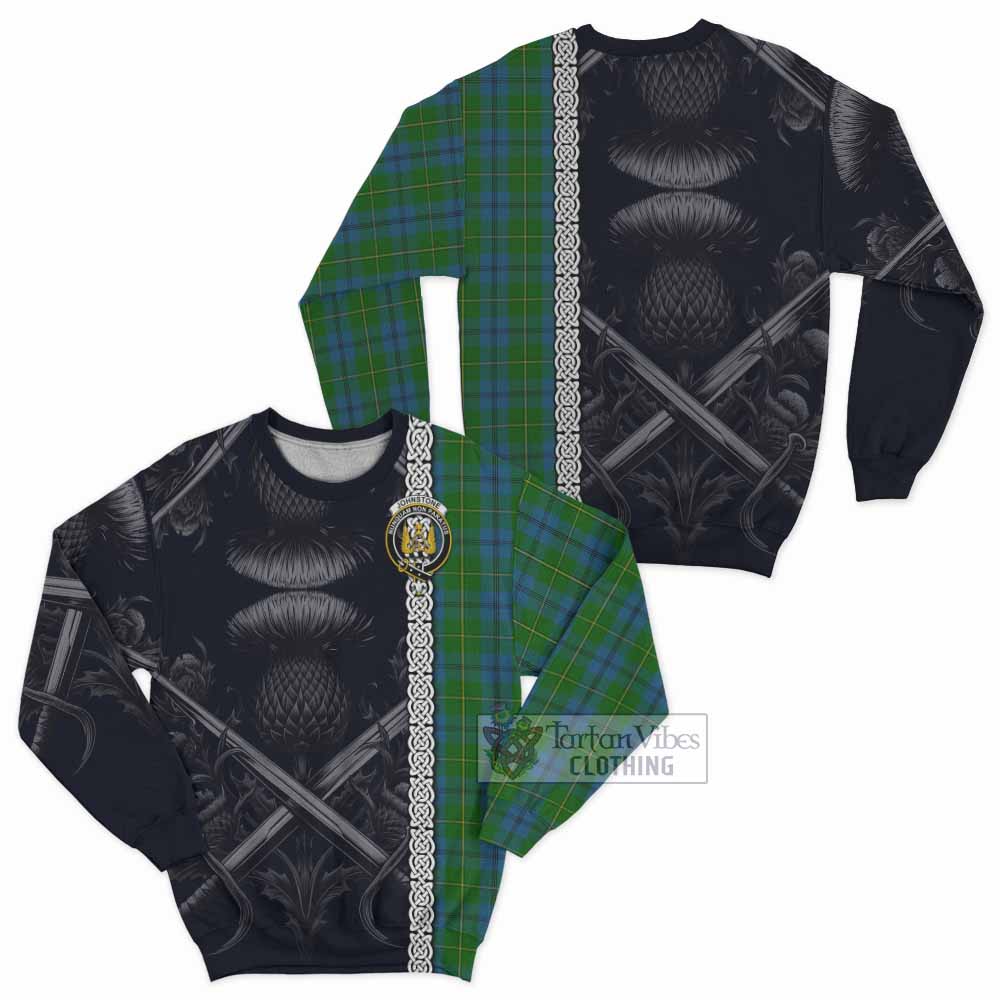 Tartan Vibes Clothing Johnstone (Johnston) Tartan Sweatshirt with Family Crest Cross Sword Thistle Celtic Vibes