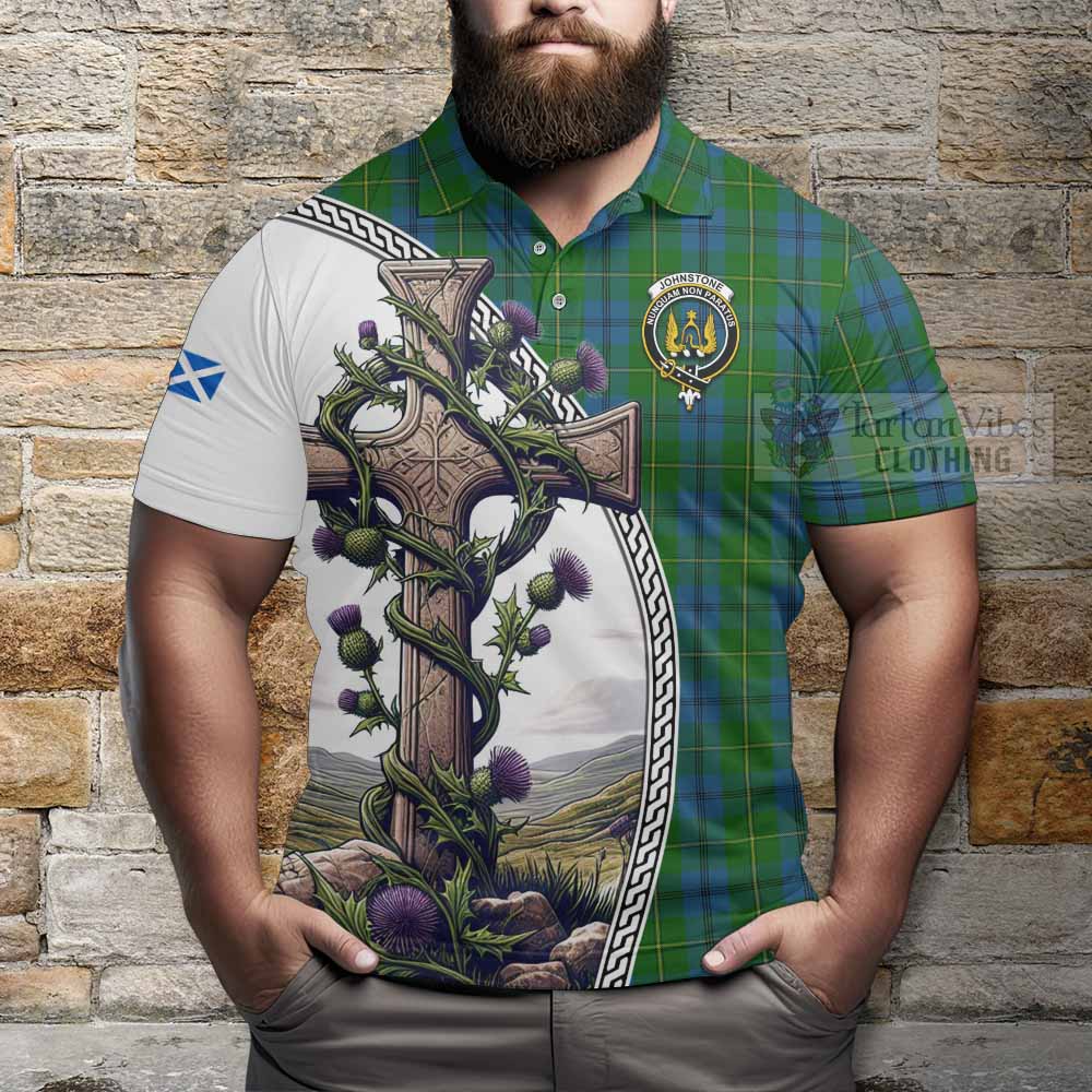 Tartan Vibes Clothing Johnstone (Johnston) Tartan Polo Shirt with Family Crest and St. Andrew's Cross Accented by Thistle Vines