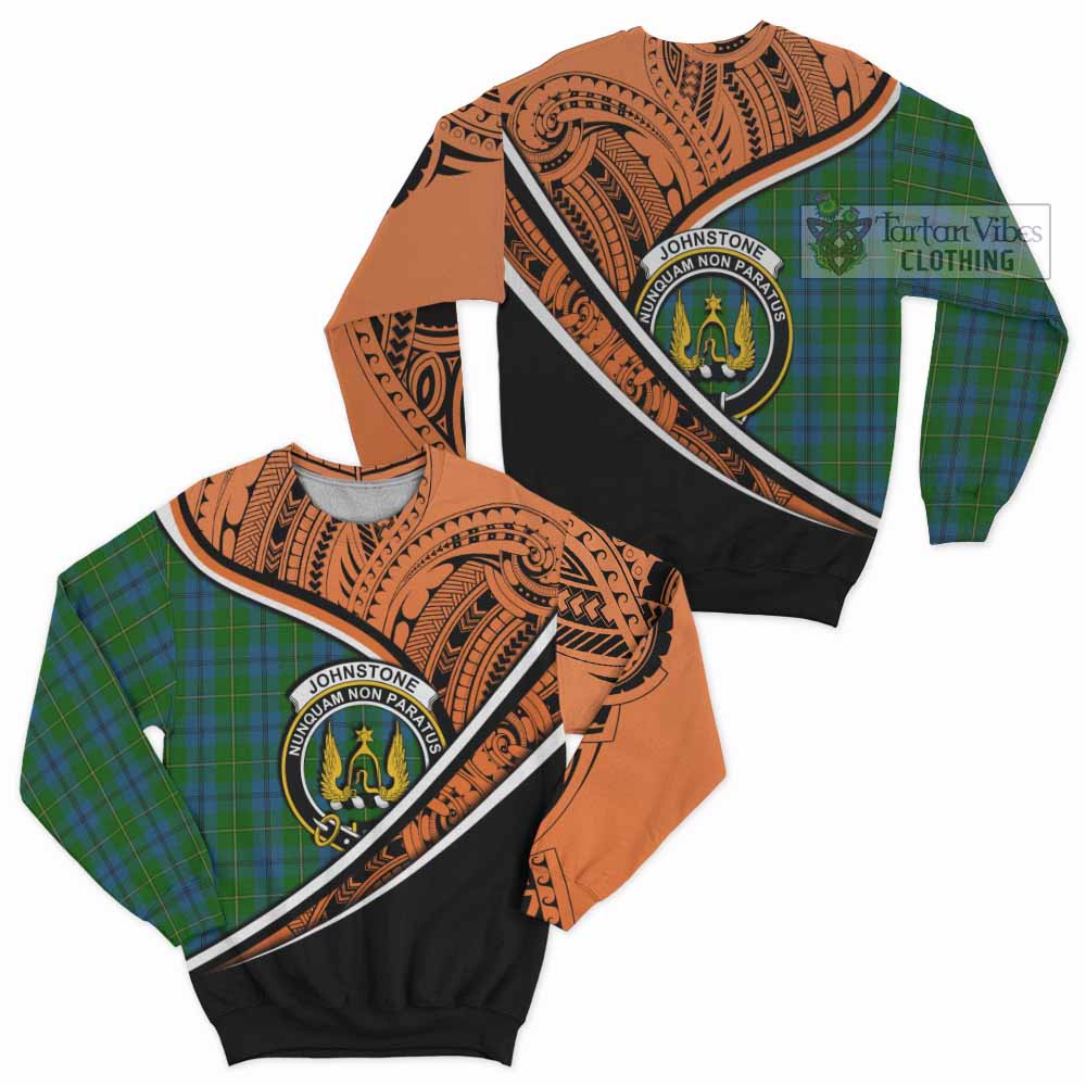 Tartan Vibes Clothing Johnstone (Johnston) Crest Tartan Sweatshirt with Maori Tattoo Style - Orange Version