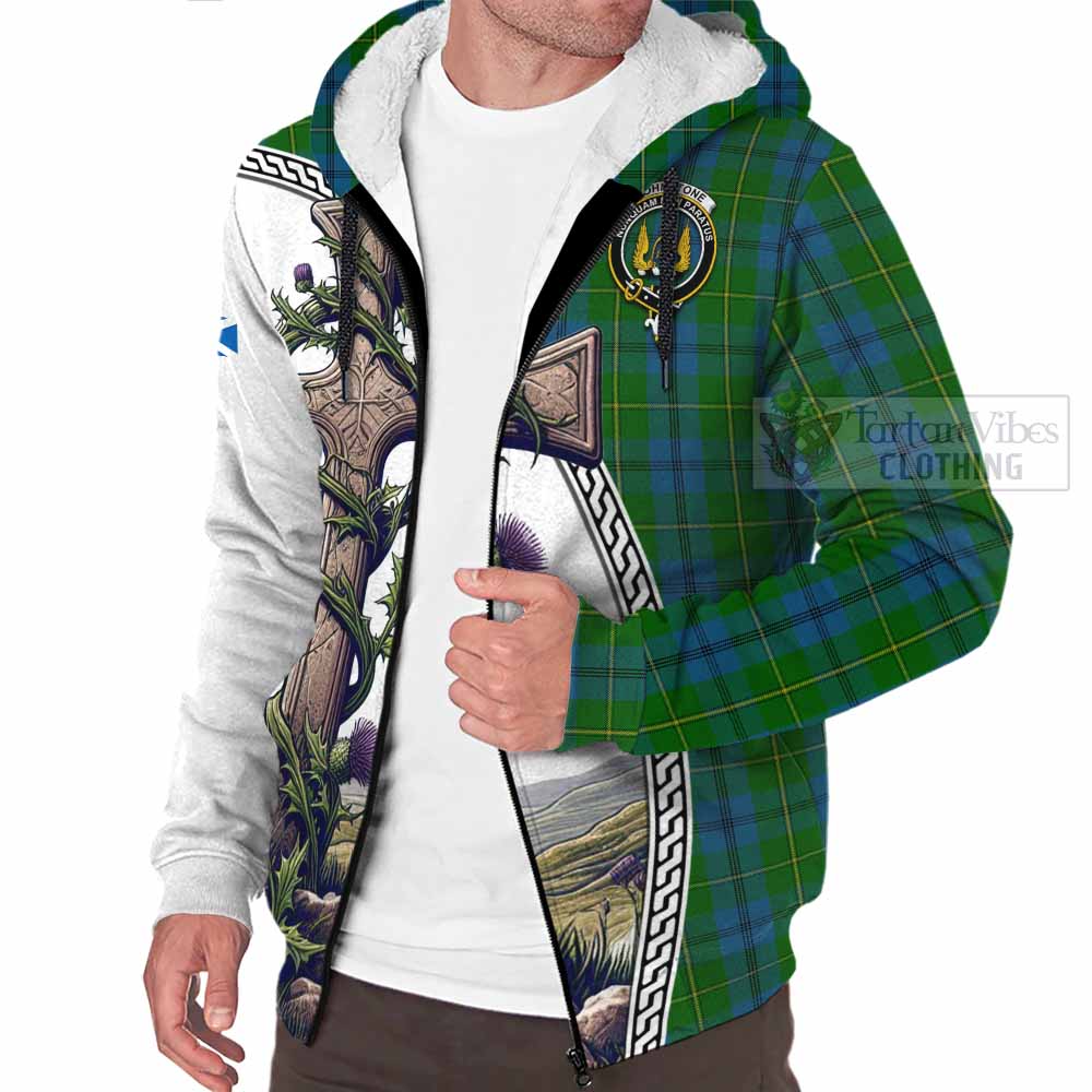 Tartan Vibes Clothing Johnstone (Johnston) Tartan Sherpa Hoodie with Family Crest and St. Andrew's Cross Accented by Thistle Vines