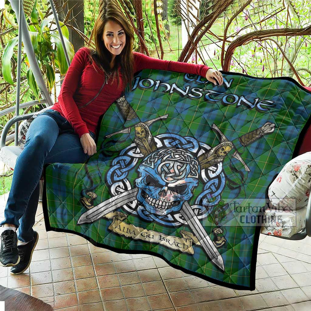 Tartan Vibes Clothing Johnstone (Johnston) Tartan Quilt with Celtic Skull Alba Gu Brath Style