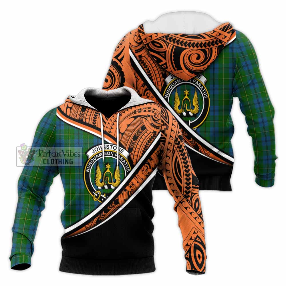 Tartan Vibes Clothing Johnstone (Johnston) Crest Tartan Knitted Hoodie with Maori Tattoo Style - Orange Version