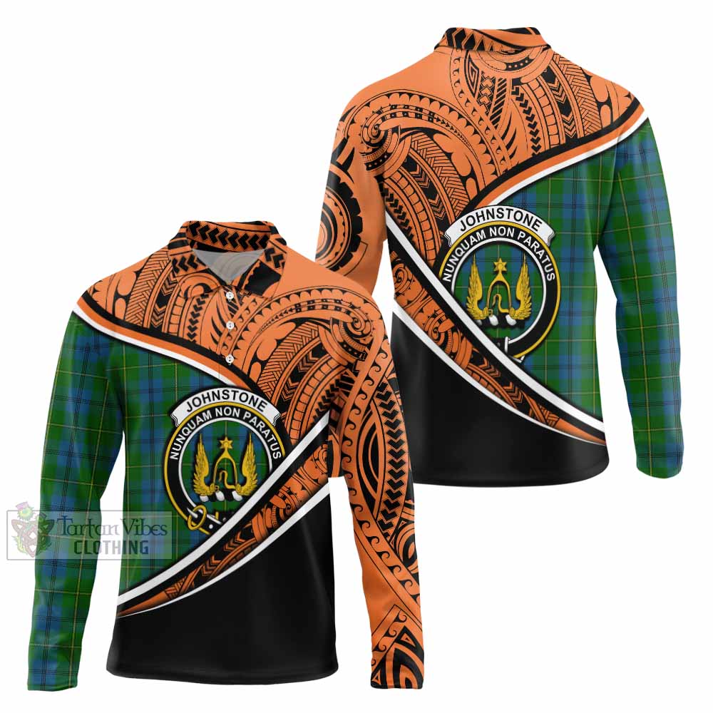 Tartan Vibes Clothing Johnstone (Johnston) Crest Tartan Long Sleeve Polo Shirt with Maori Tattoo Style - Orange Version