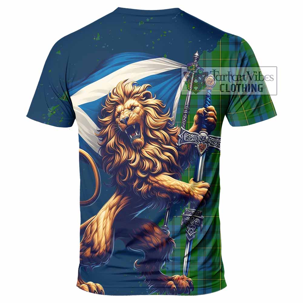 Tartan Vibes Clothing Johnstone (Johnston) Tartan Family Crest T-Shirt with Scottish Majestic Lion