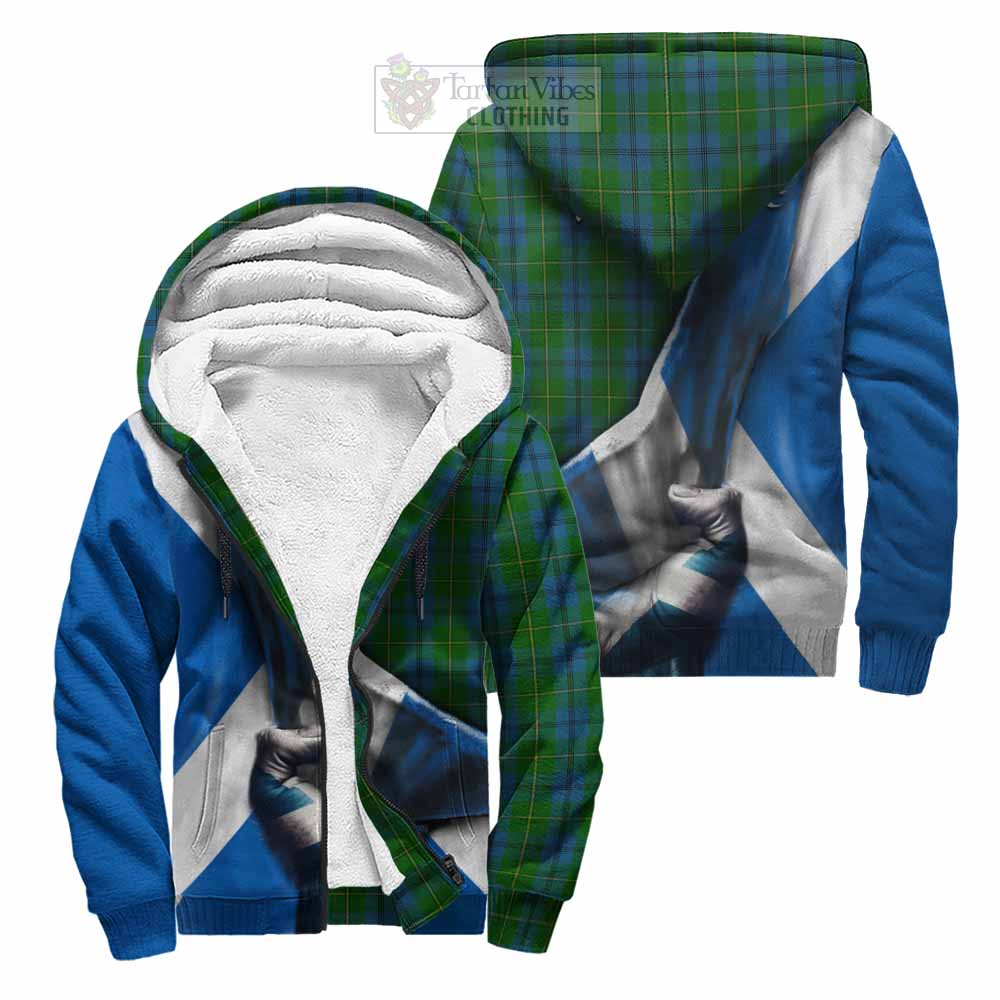 Tartan Vibes Clothing Johnstone (Johnston) Tartan Sherpa Hoodie with Family Crest Scotland Patriotic Style