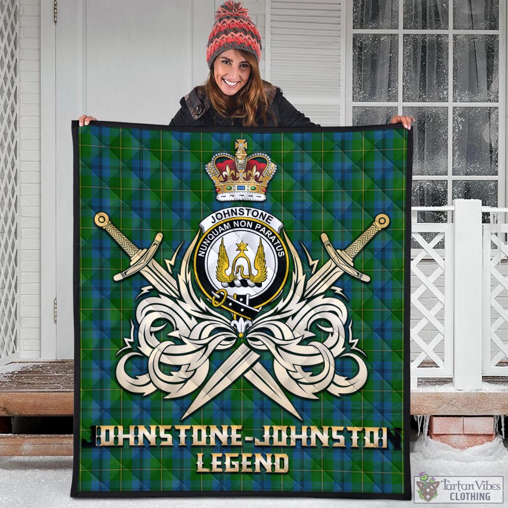 Tartan Vibes Clothing Johnstone-Johnston Tartan Quilt with Clan Crest and the Golden Sword of Courageous Legacy