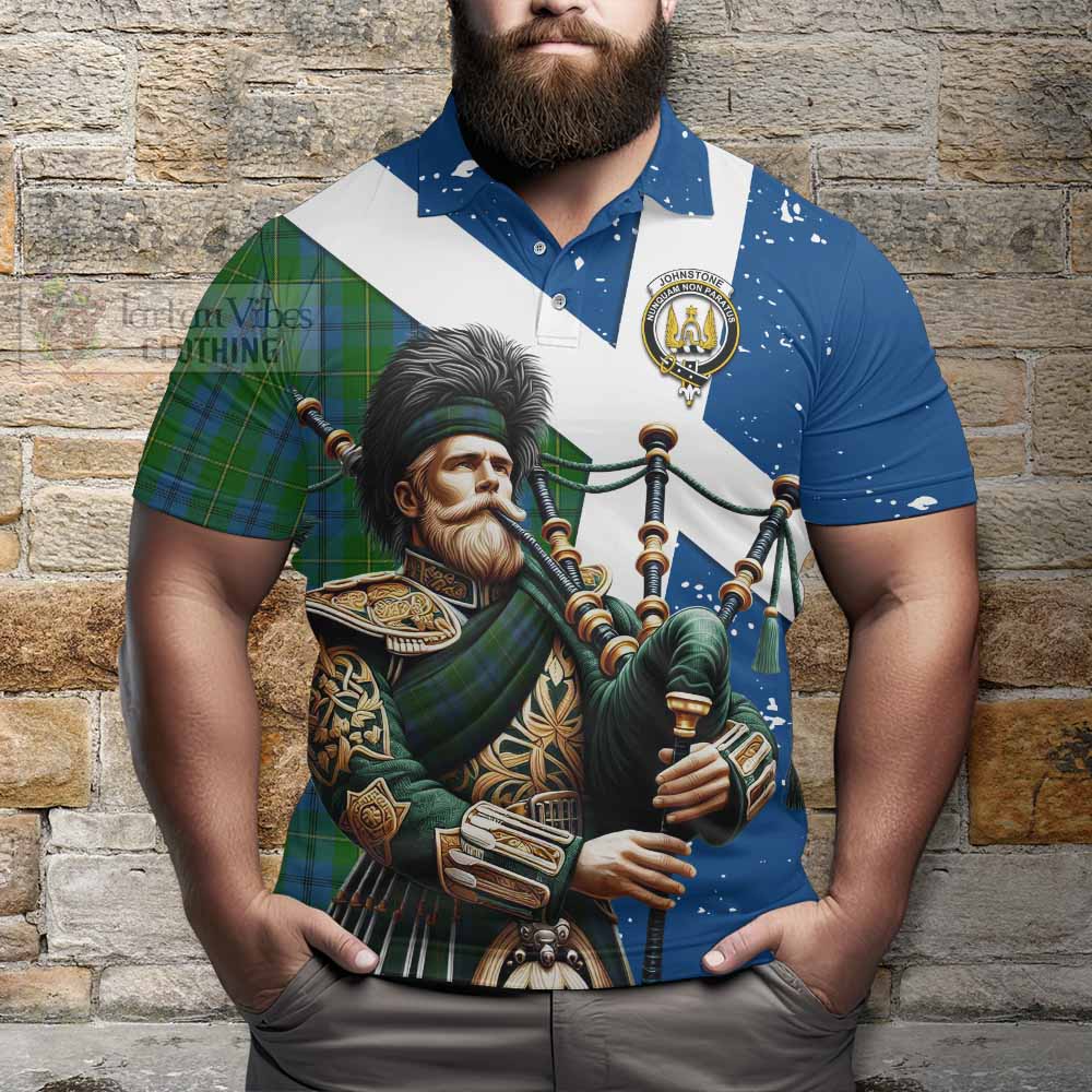 Tartan Vibes Clothing Johnstone (Johnston) Tartan Polo Shirt with Family Crest Scottish Bagpiper Vibes