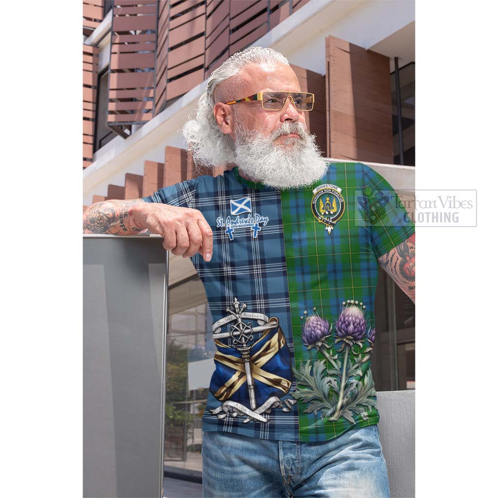 Tartan Vibes Clothing Johnstone (Johnston) Tartan Cotton T-shirt Happy St. Andrew's Day Half Tartan Style