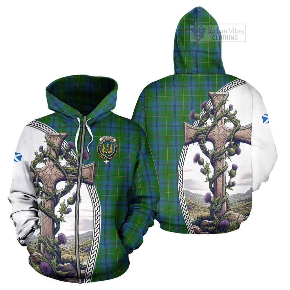 Tartan Vibes Clothing Johnstone (Johnston) Tartan Hoodie with Family Crest and St. Andrew's Cross Accented by Thistle Vines