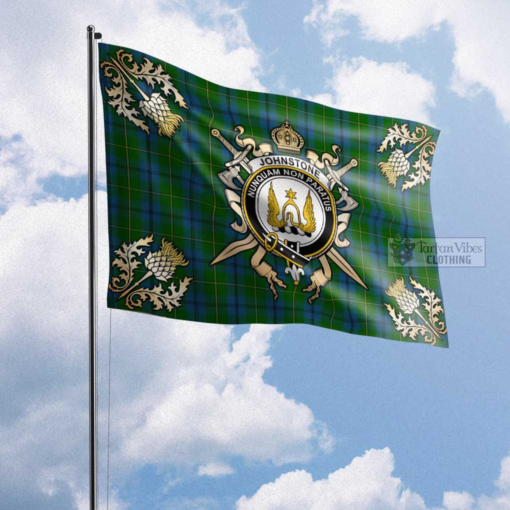 Tartan Vibes Clothing Johnstone (Johnston) Tartan Flag with Family Crest and Golden Thistle Crossed Sword Design