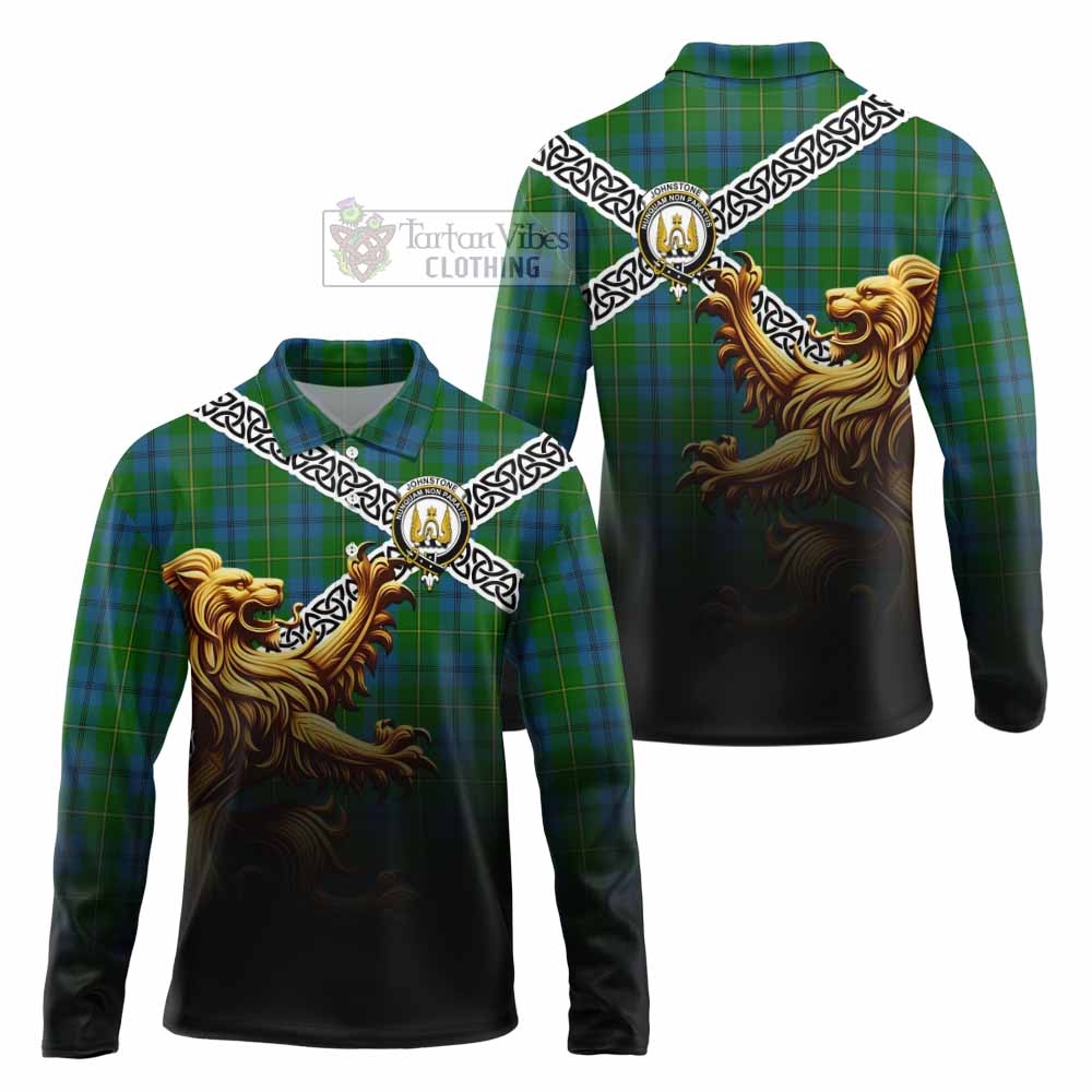 Johnstone (Johnston) Crest Tartan Long Sleeve Polo Shirt with Golden Lion Emblem Celtic Style - Tartan Vibes Clothing