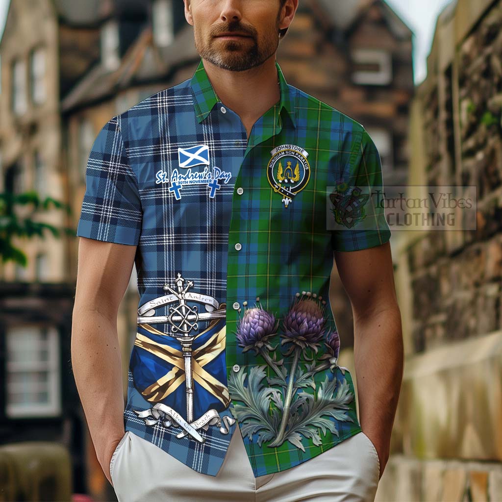 Tartan Vibes Clothing Johnstone (Johnston) Tartan Short Sleeve Button Shirt Happy St. Andrew's Day Half Tartan Style