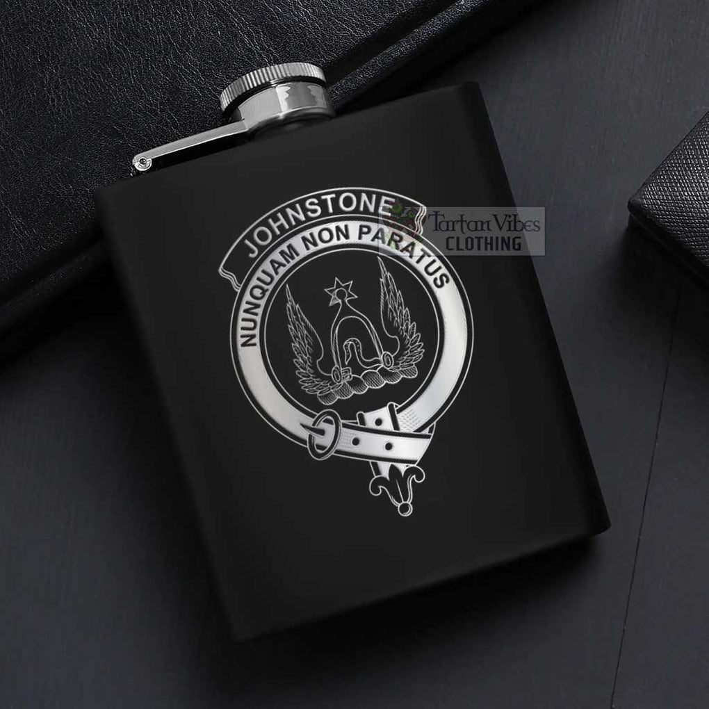 Tartan Vibes Clothing Johnstone (Johnston) Crest Hip Flask Set 7oz Black Stainless Steel with A Gift Box