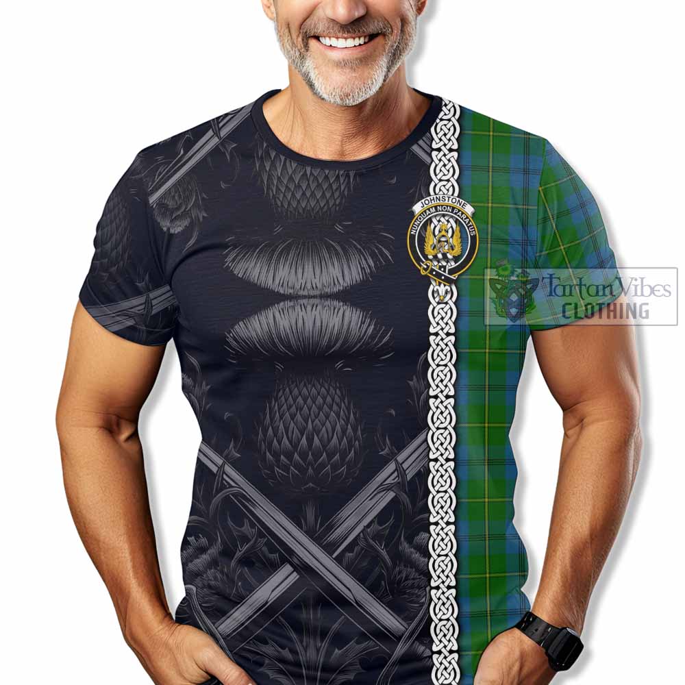 Tartan Vibes Clothing Johnstone (Johnston) Tartan T-Shirt with Family Crest Cross Sword Thistle Celtic Vibes