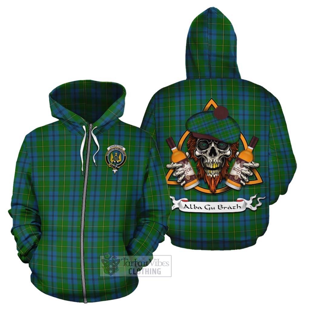 Tartan Vibes Clothing Johnstone (Johnston) Tartan Cotton Hoodie with Family Crest and Bearded Skull Holding Bottles of Whiskey