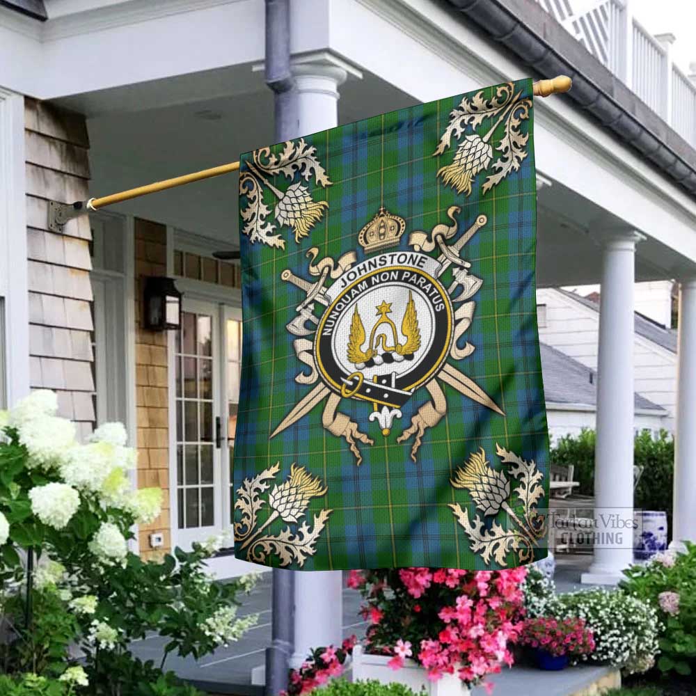 Tartan Vibes Clothing Johnstone (Johnston) Tartan Flag with Family Crest and Golden Thistle Crossed Sword Design