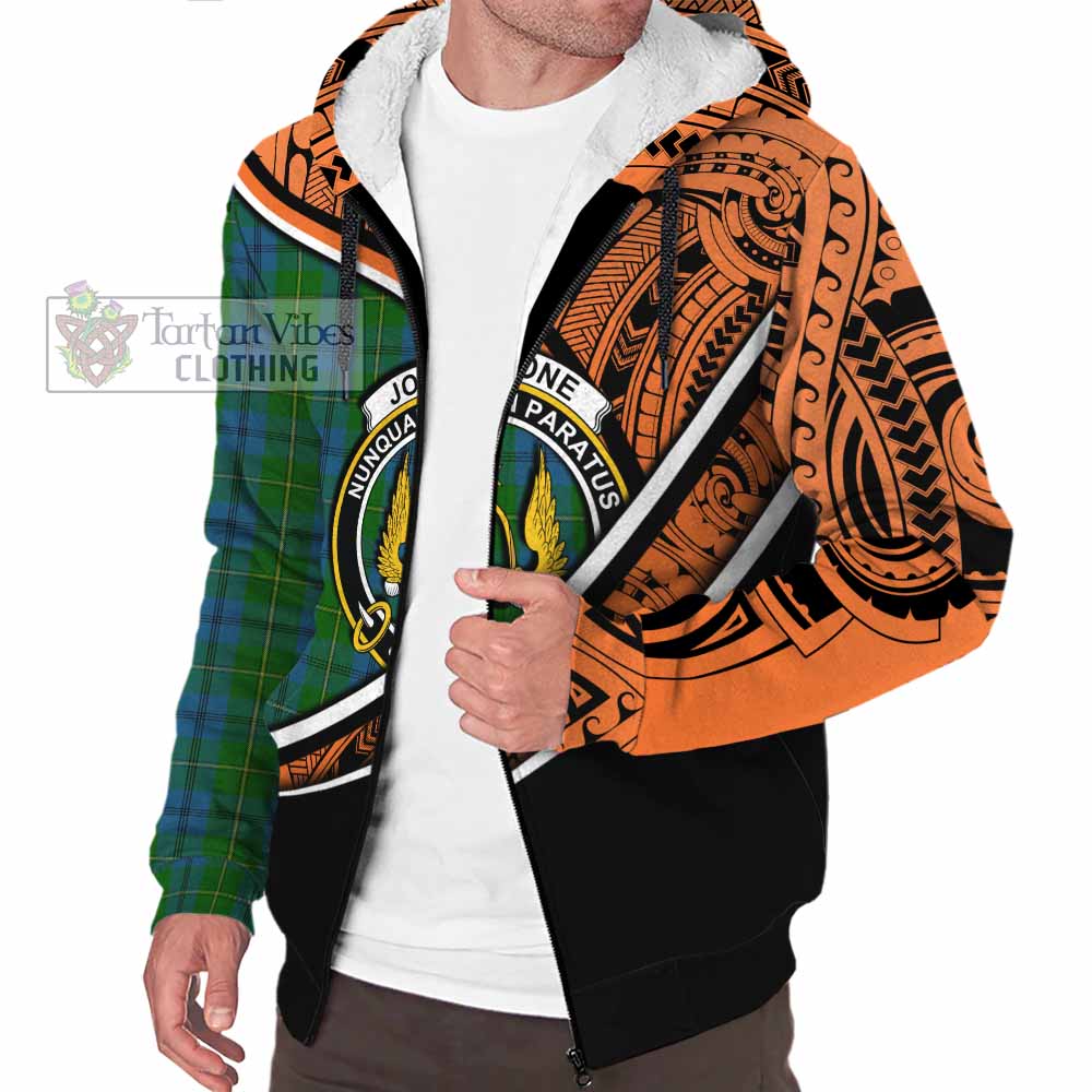 Tartan Vibes Clothing Johnstone (Johnston) Crest Tartan Sherpa Hoodie with Maori Tattoo Style - Orange Version