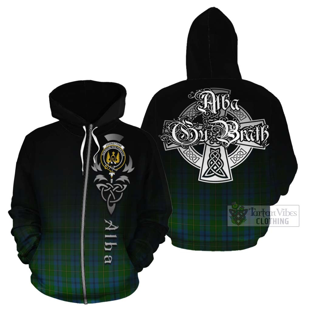 Tartan Vibes Clothing Johnstone (Johnston) Tartan Cotton Hoodie Featuring Alba Gu Brath Family Crest Celtic Inspired