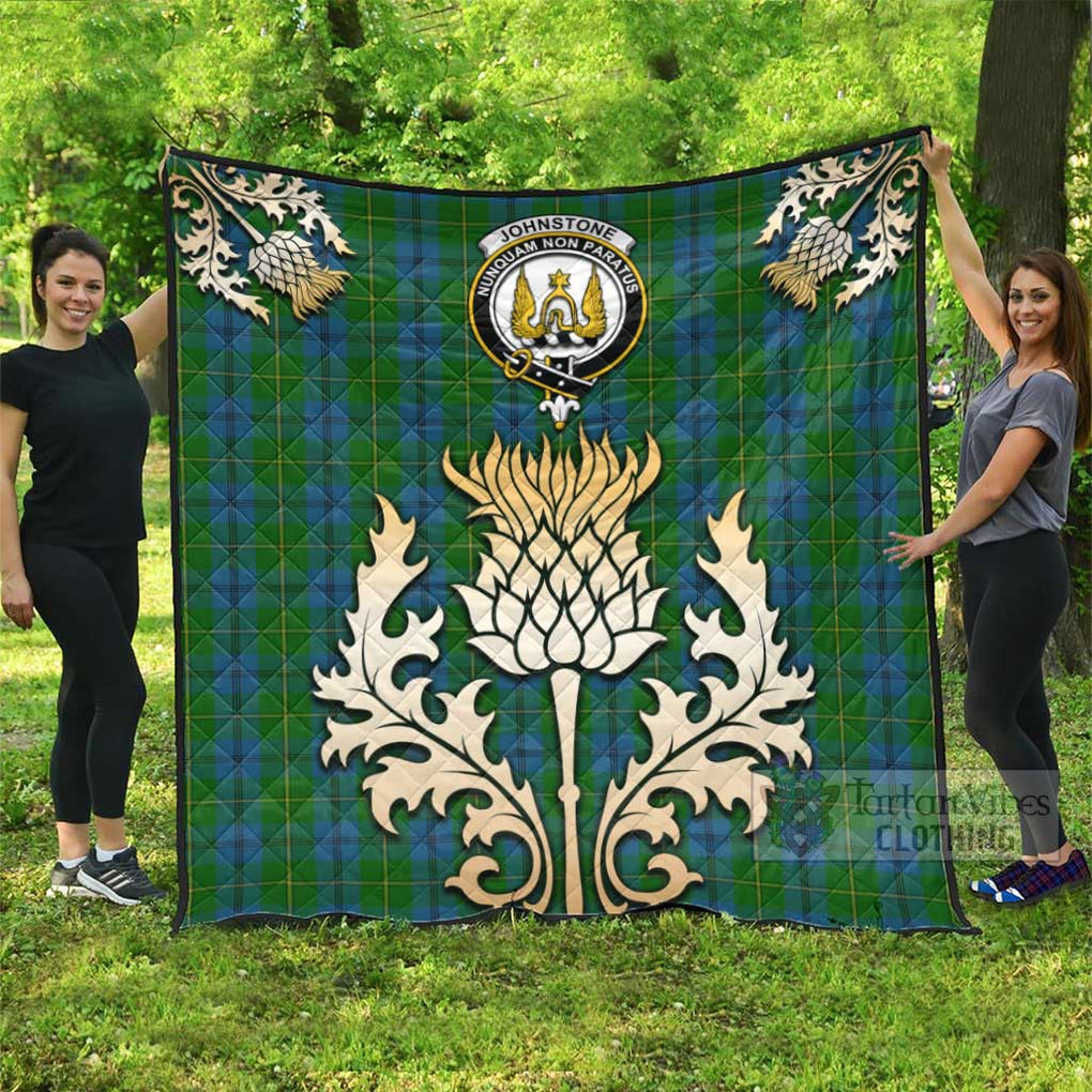 Tartan Vibes Clothing Johnstone (Johnston) Tartan Quilt with Family Crest and Golden Thistle Style