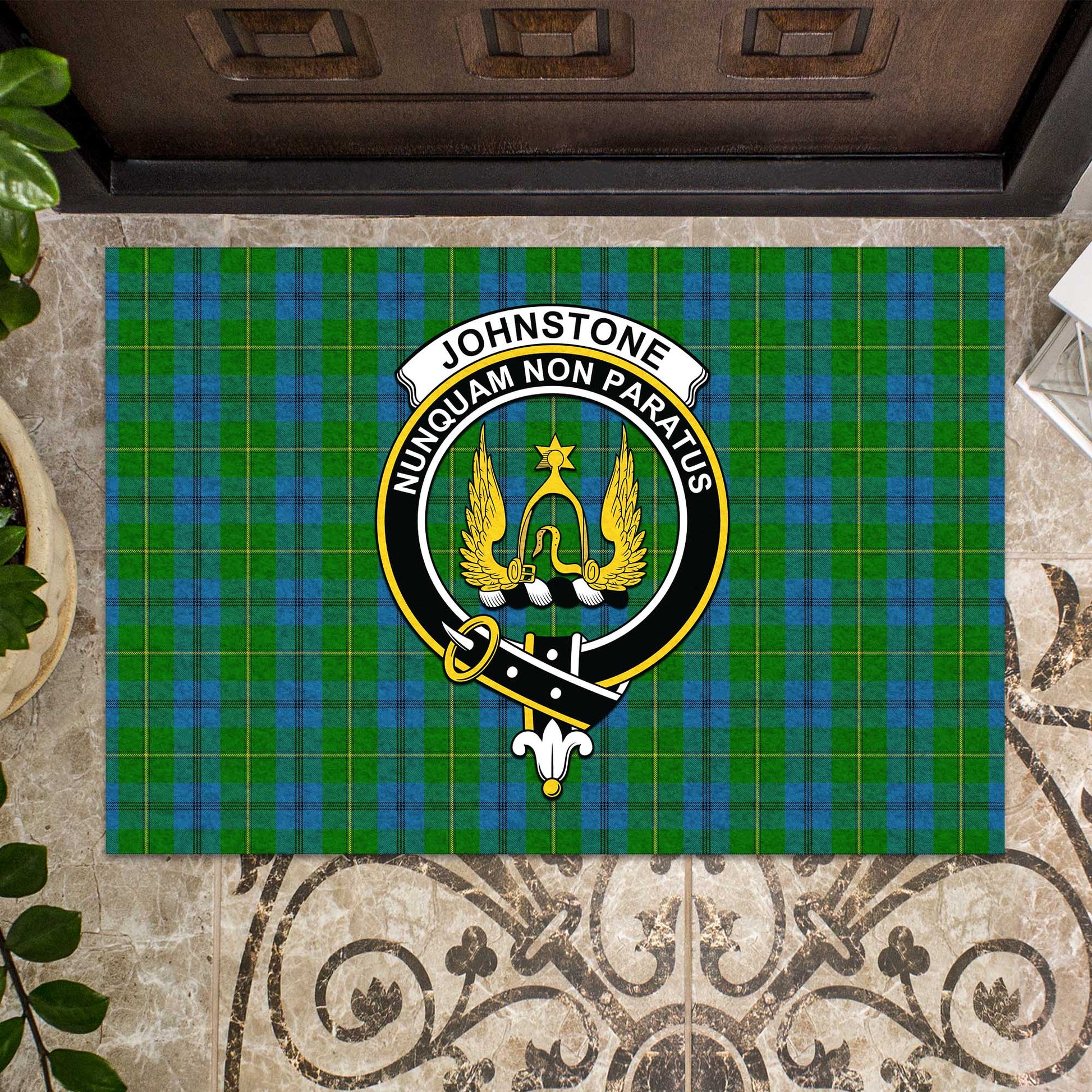 Johnstone-Johnston Tartan Door Mat with Family Crest - Tartanvibesclothing