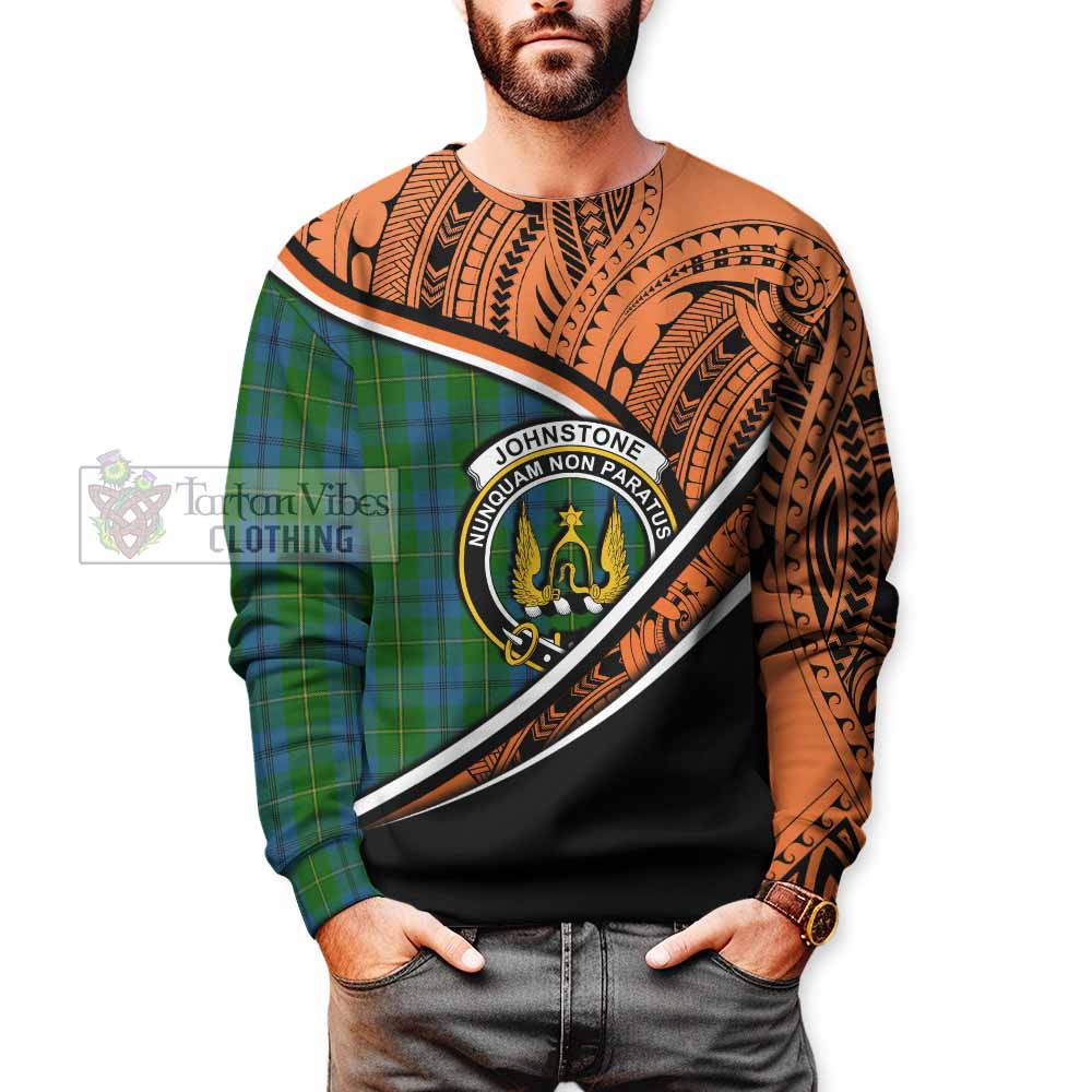 Tartan Vibes Clothing Johnstone (Johnston) Crest Tartan Sweatshirt with Maori Tattoo Style - Orange Version