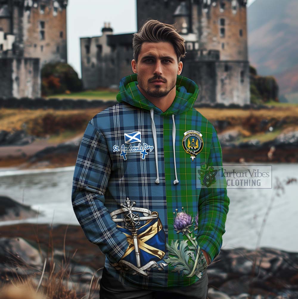 Tartan Vibes Clothing Johnstone (Johnston) Tartan Cotton Hoodie Happy St. Andrew's Day Half Tartan Style