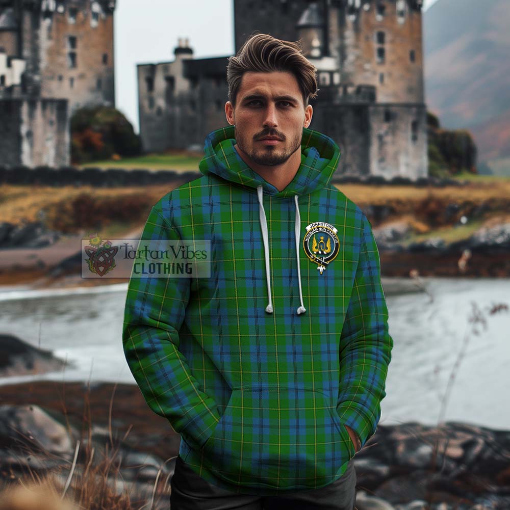 Tartan Vibes Clothing Johnstone (Johnston) Tartan Cotton Hoodie with Family Crest and Bearded Skull Holding Bottles of Whiskey