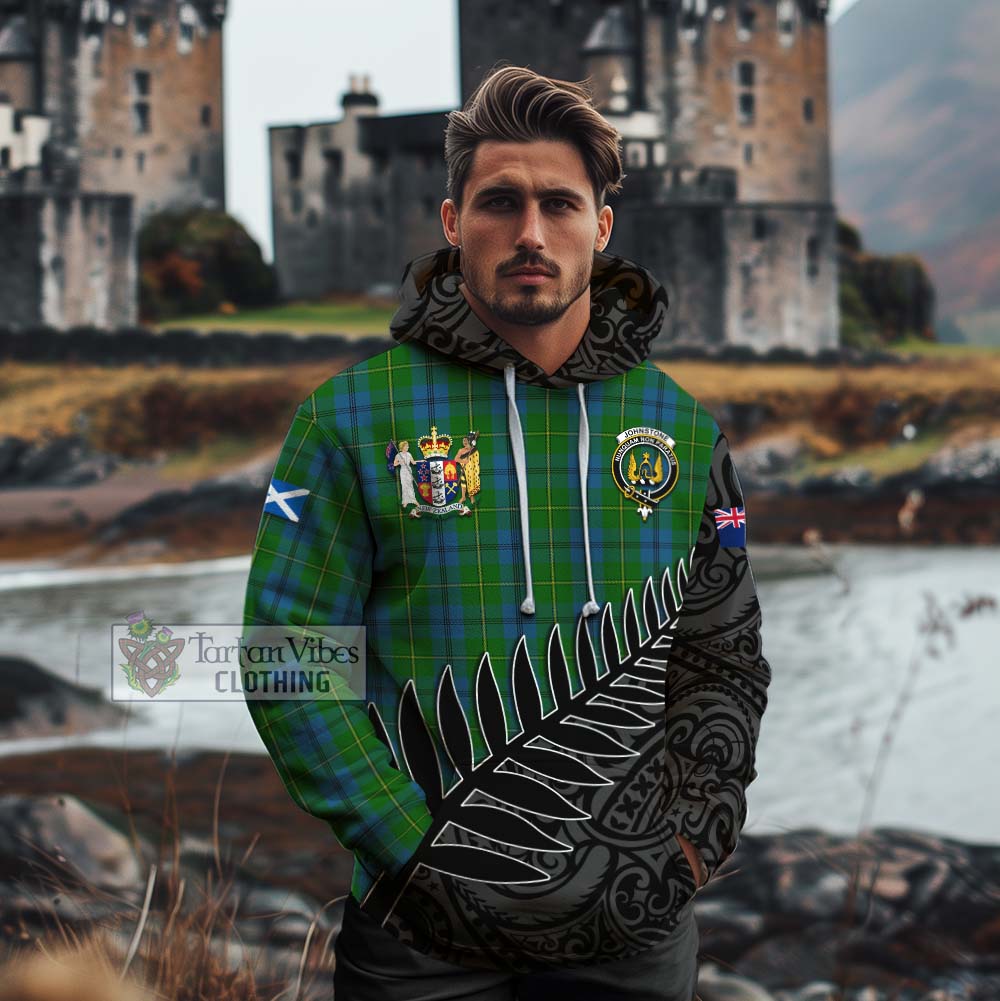 Tartan Vibes Clothing Johnstone (Johnston) Crest Tartan Cotton Hoodie with New Zealand Silver Fern Half Style