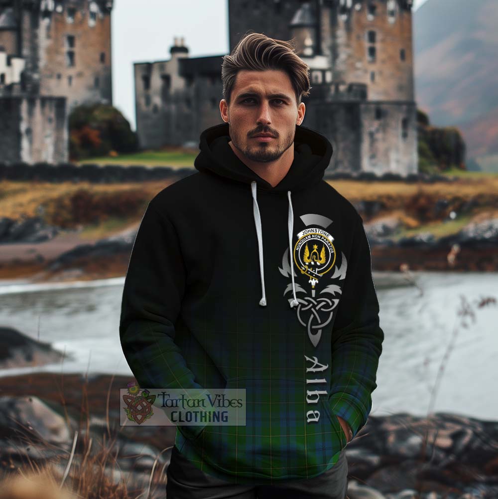 Tartan Vibes Clothing Johnstone (Johnston) Tartan Cotton Hoodie Featuring Alba Gu Brath Family Crest Celtic Inspired