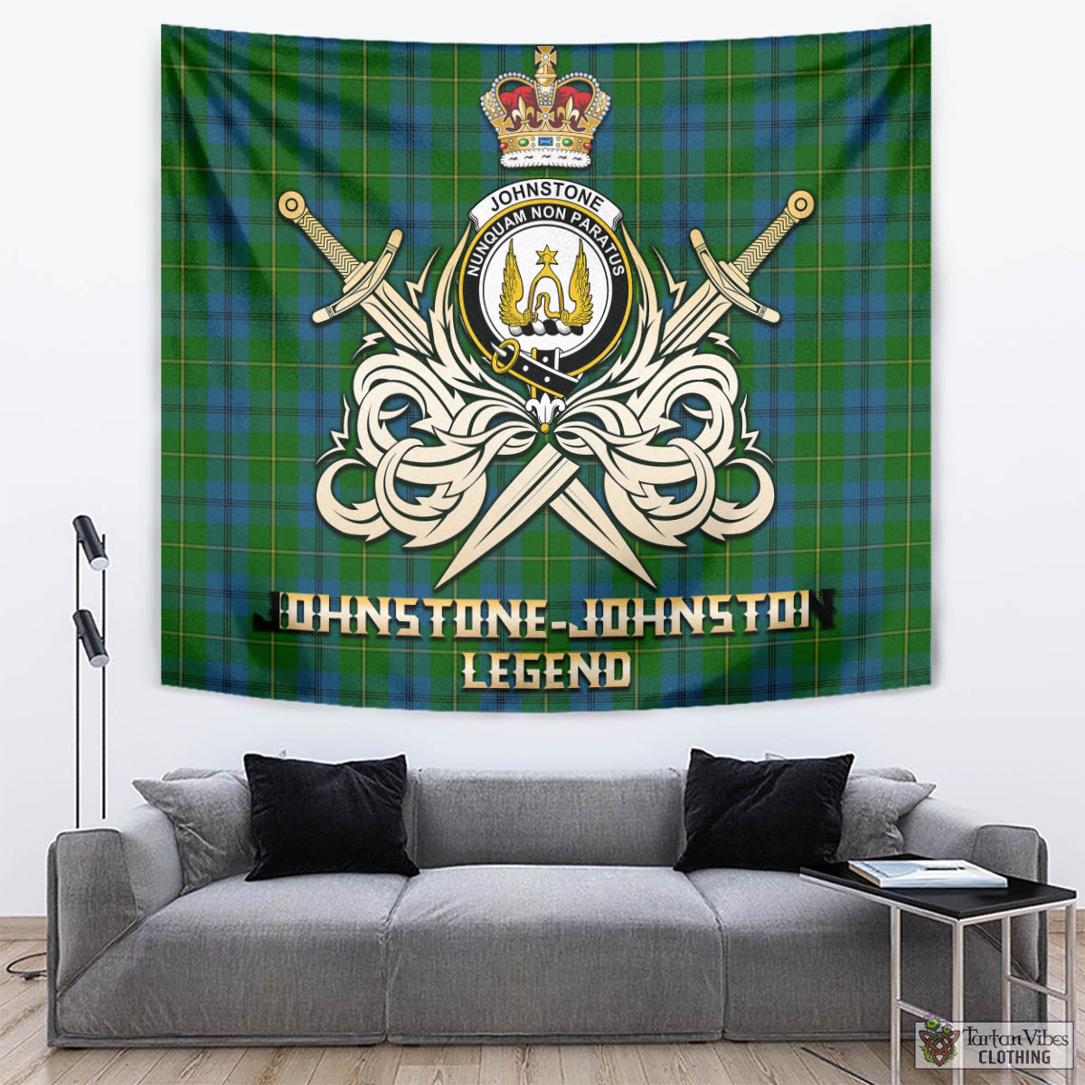 Tartan Vibes Clothing Johnstone-Johnston Tartan Tapestry with Clan Crest and the Golden Sword of Courageous Legacy