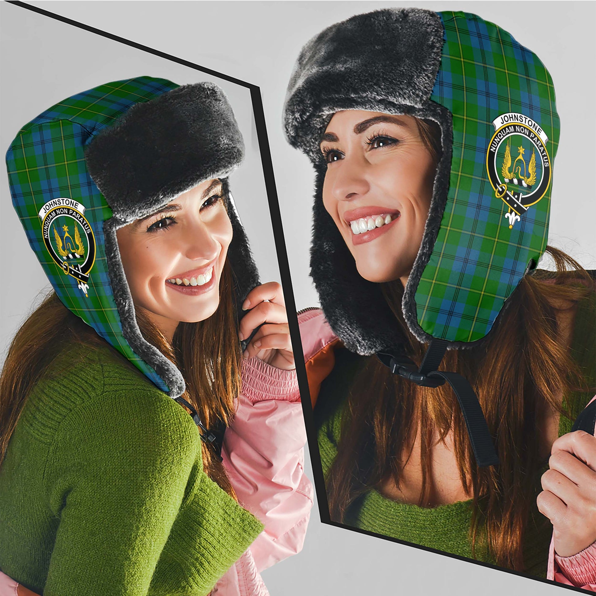 Johnstone-Johnston Tartan Winter Trapper Hat with Family Crest - Tartanvibesclothing