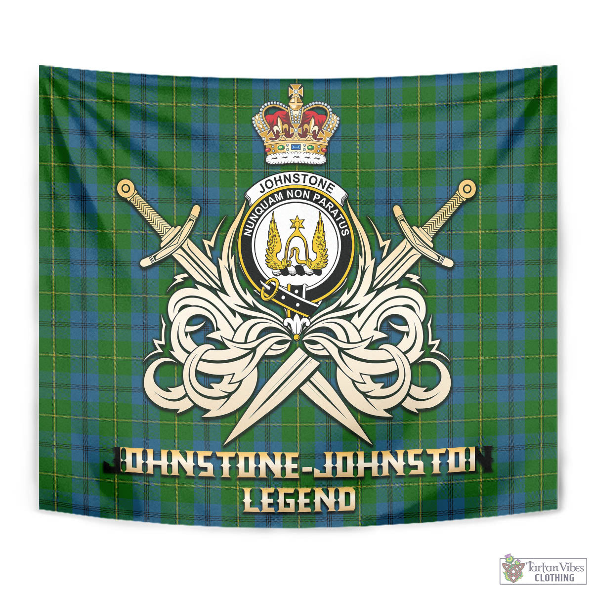 Tartan Vibes Clothing Johnstone-Johnston Tartan Tapestry with Clan Crest and the Golden Sword of Courageous Legacy