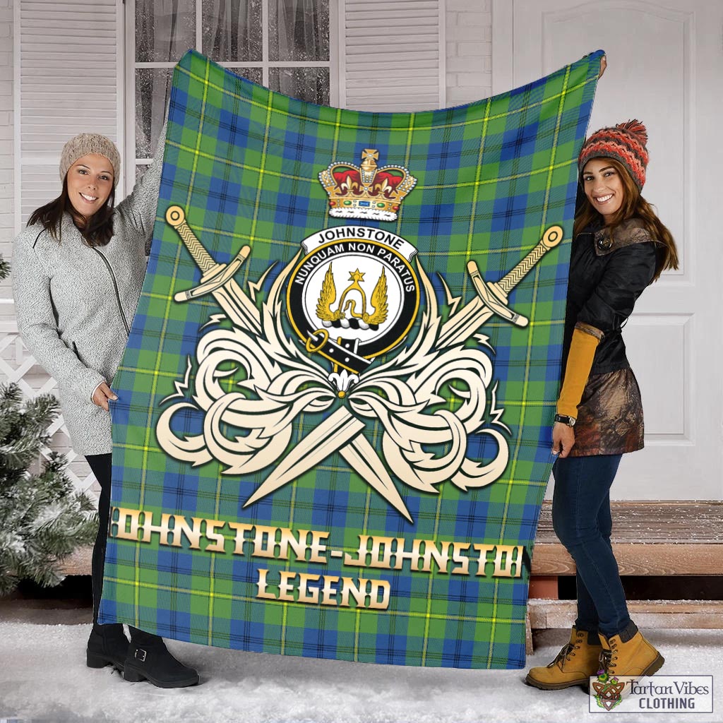 Tartan Vibes Clothing Johnstone-Johnston Ancient Tartan Blanket with Clan Crest and the Golden Sword of Courageous Legacy