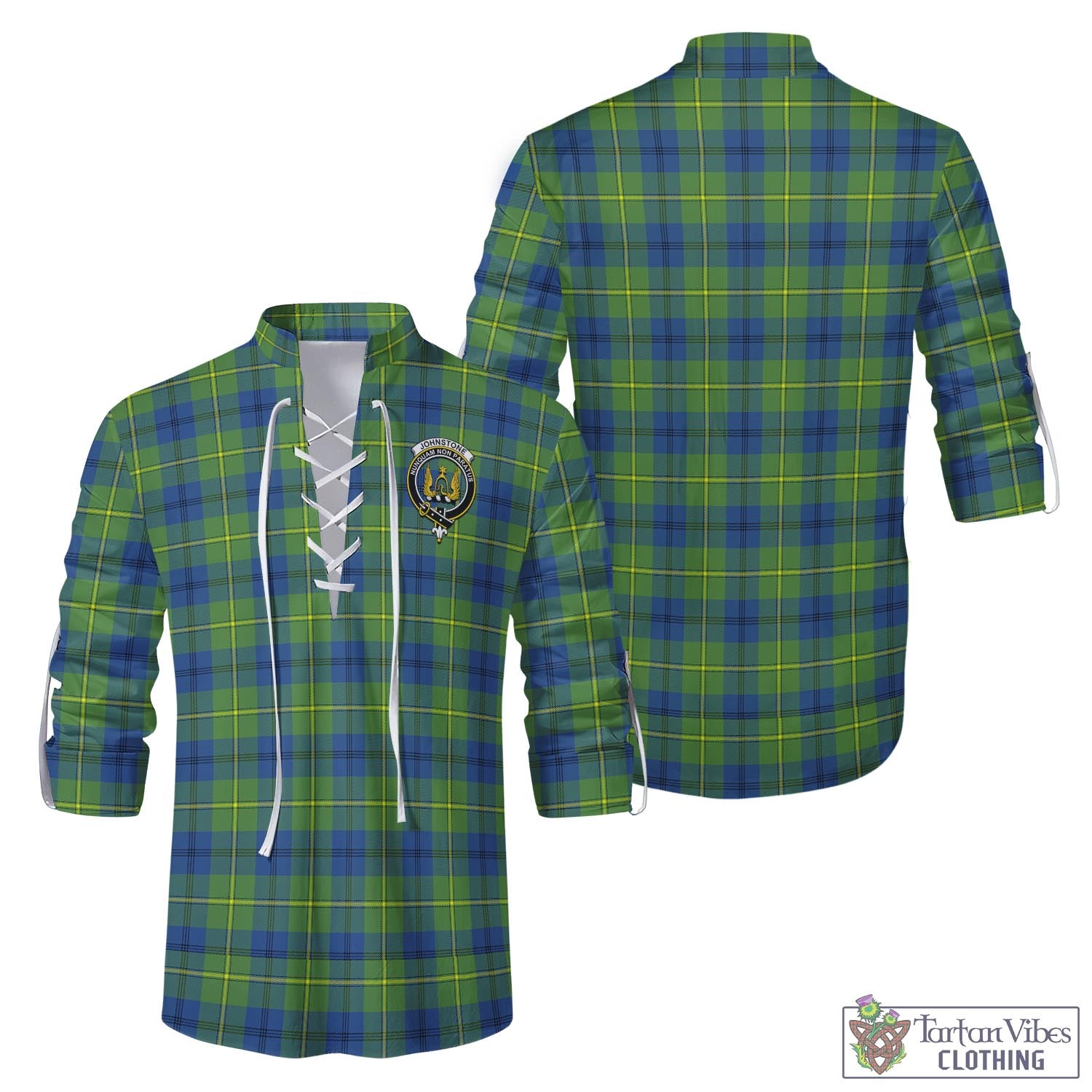 Tartan Vibes Clothing Johnstone-Johnston Ancient Tartan Men's Scottish Traditional Jacobite Ghillie Kilt Shirt with Family Crest