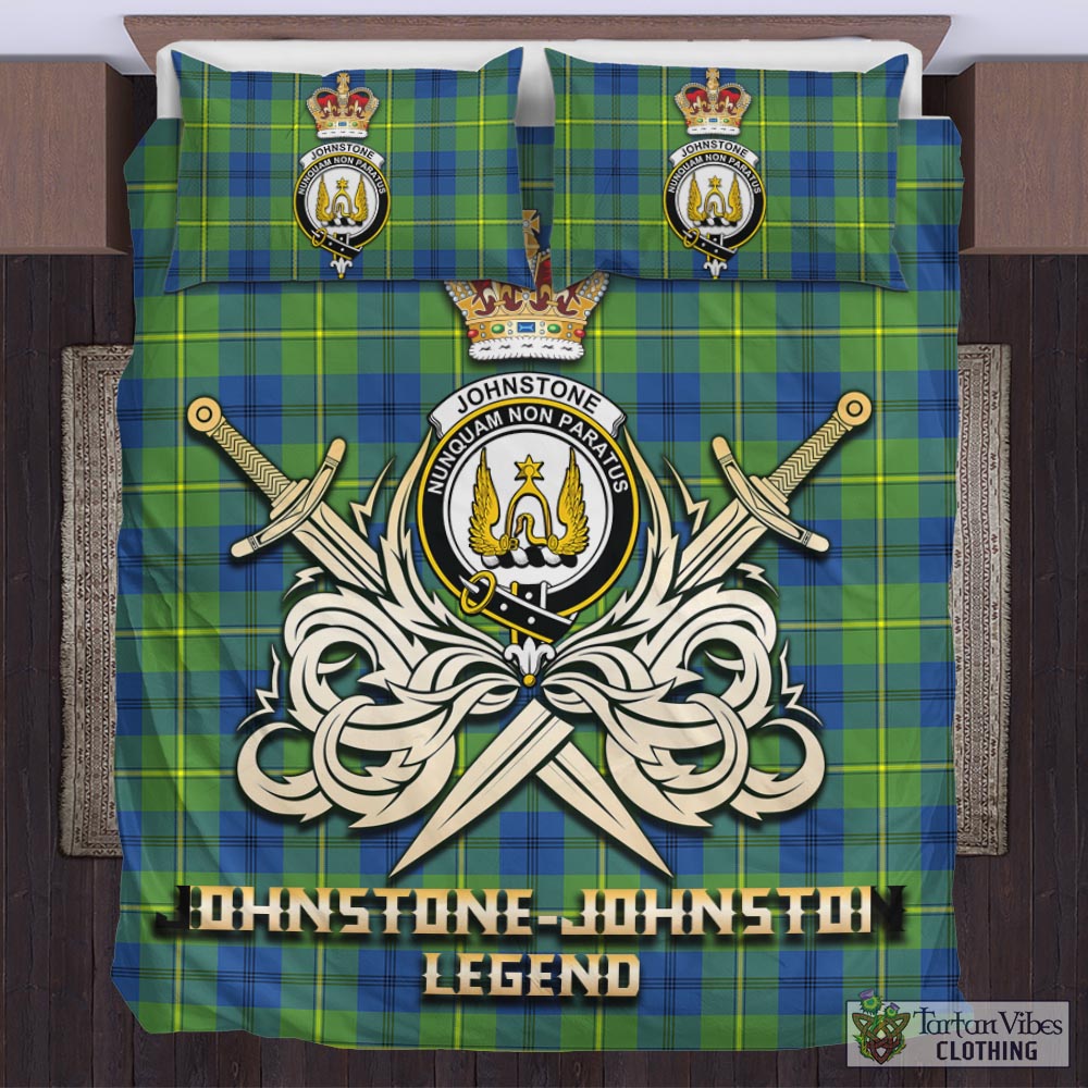 Tartan Vibes Clothing Johnstone-Johnston Ancient Tartan Bedding Set with Clan Crest and the Golden Sword of Courageous Legacy