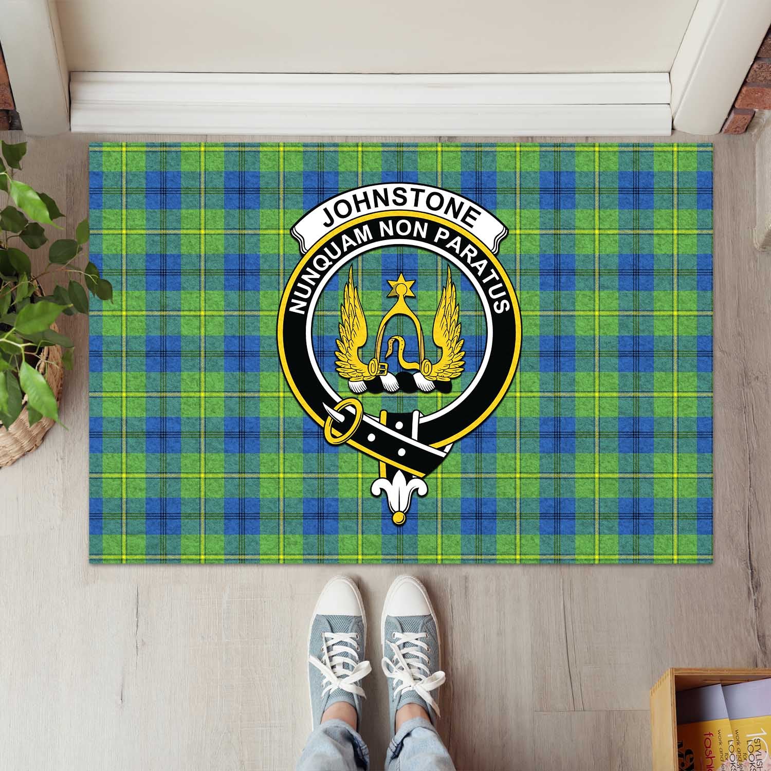 Johnstone-Johnston Ancient Tartan Door Mat with Family Crest - Tartanvibesclothing