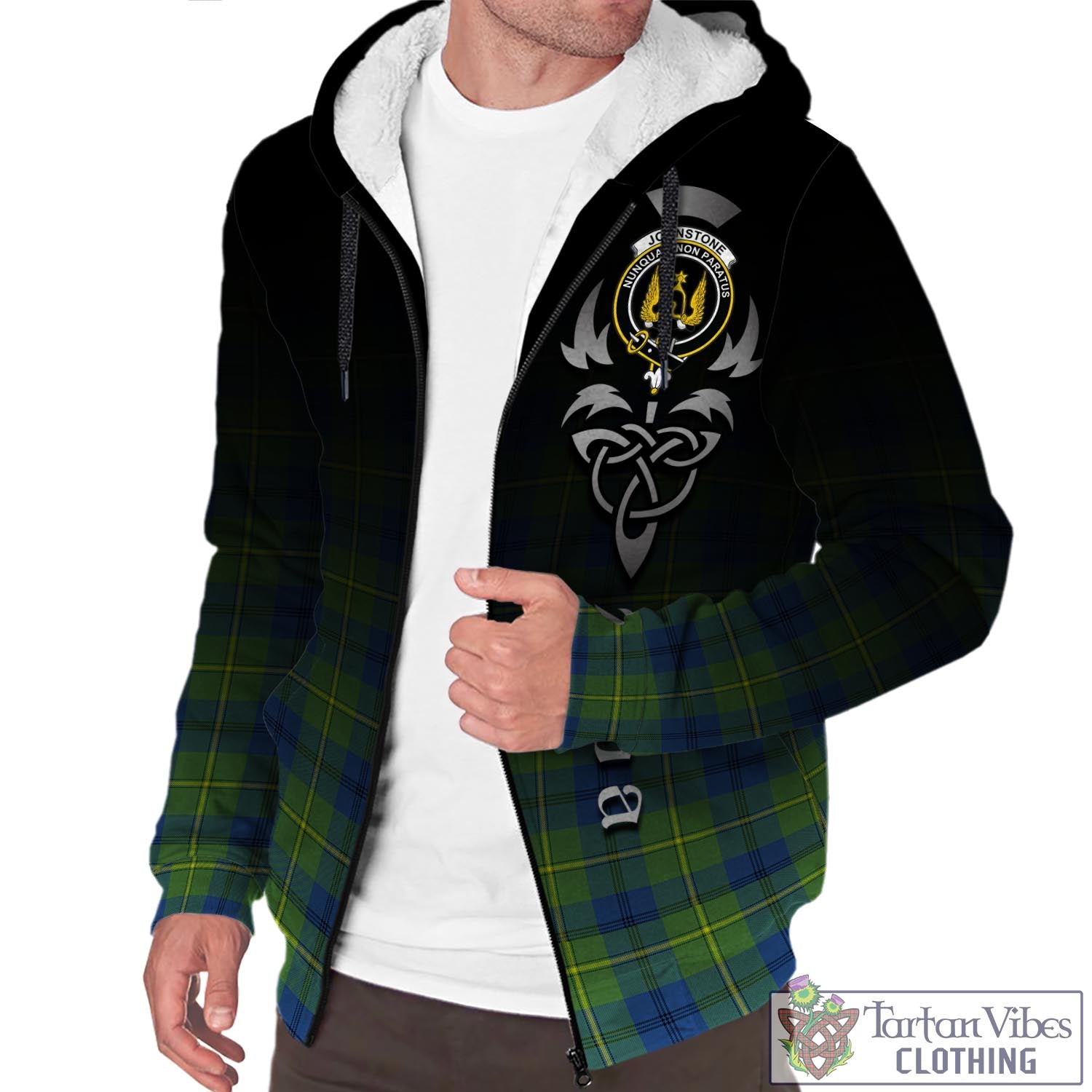 Tartan Vibes Clothing Johnstone-Johnston Ancient Tartan Sherpa Hoodie Featuring Alba Gu Brath Family Crest Celtic Inspired