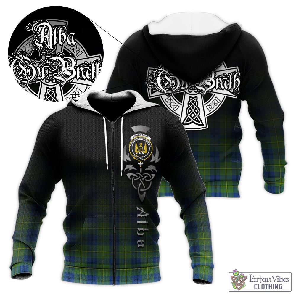 Tartan Vibes Clothing Johnstone-Johnston Ancient Tartan Knitted Hoodie Featuring Alba Gu Brath Family Crest Celtic Inspired